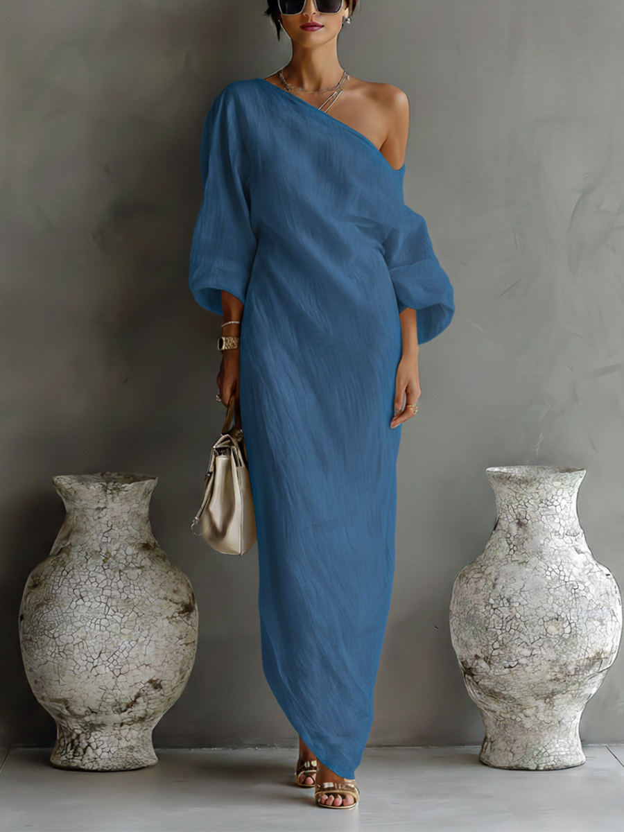 Women's Ivory White Cotton-Linen Blend One-Shoulder Flowing Elegant Dr –  Modesees
