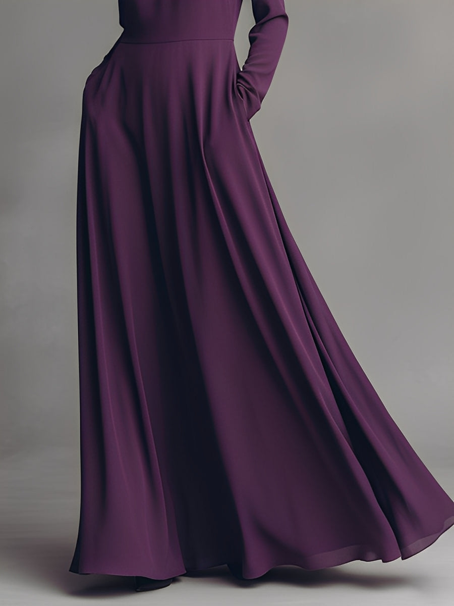 Women's Purple Flowy Chiffon Elegant Maxi Dress With Long Sleeves & Side Pockets, Sophisticated Evening Dress MDA3054J7I