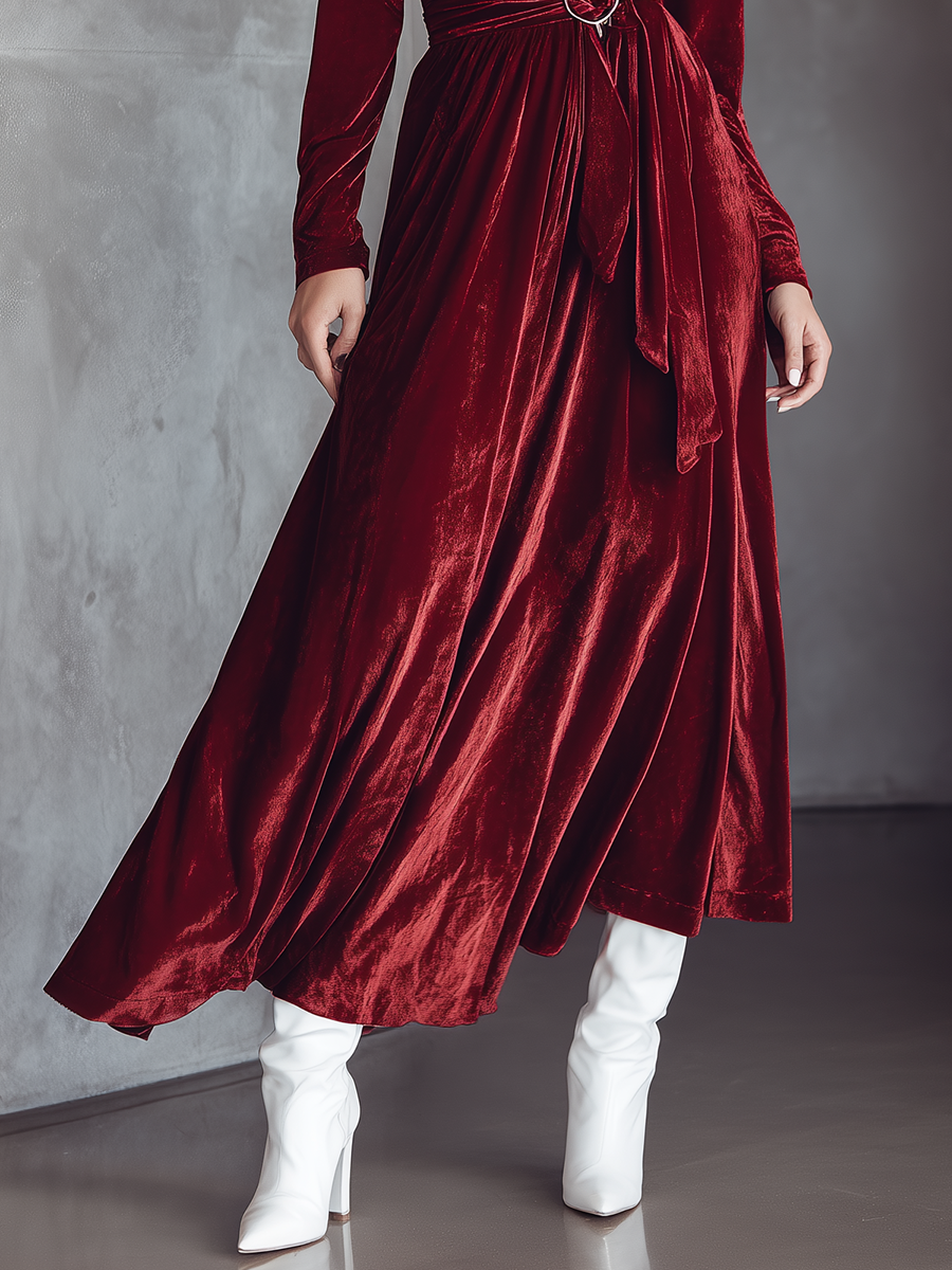 Women's Burgundy Velvet V-neck Tie-waist Maxi Dress MDA0462K8T