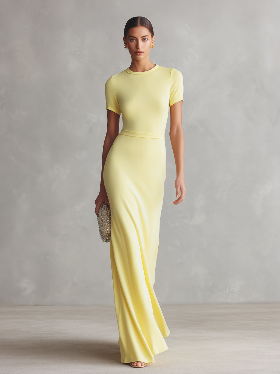 Women's Lemon Yellow Stretchy Knit Dress With Short Sleeves & Maxi Length, Timeless Sleek-Chic Style Dress MDZ0664A9I