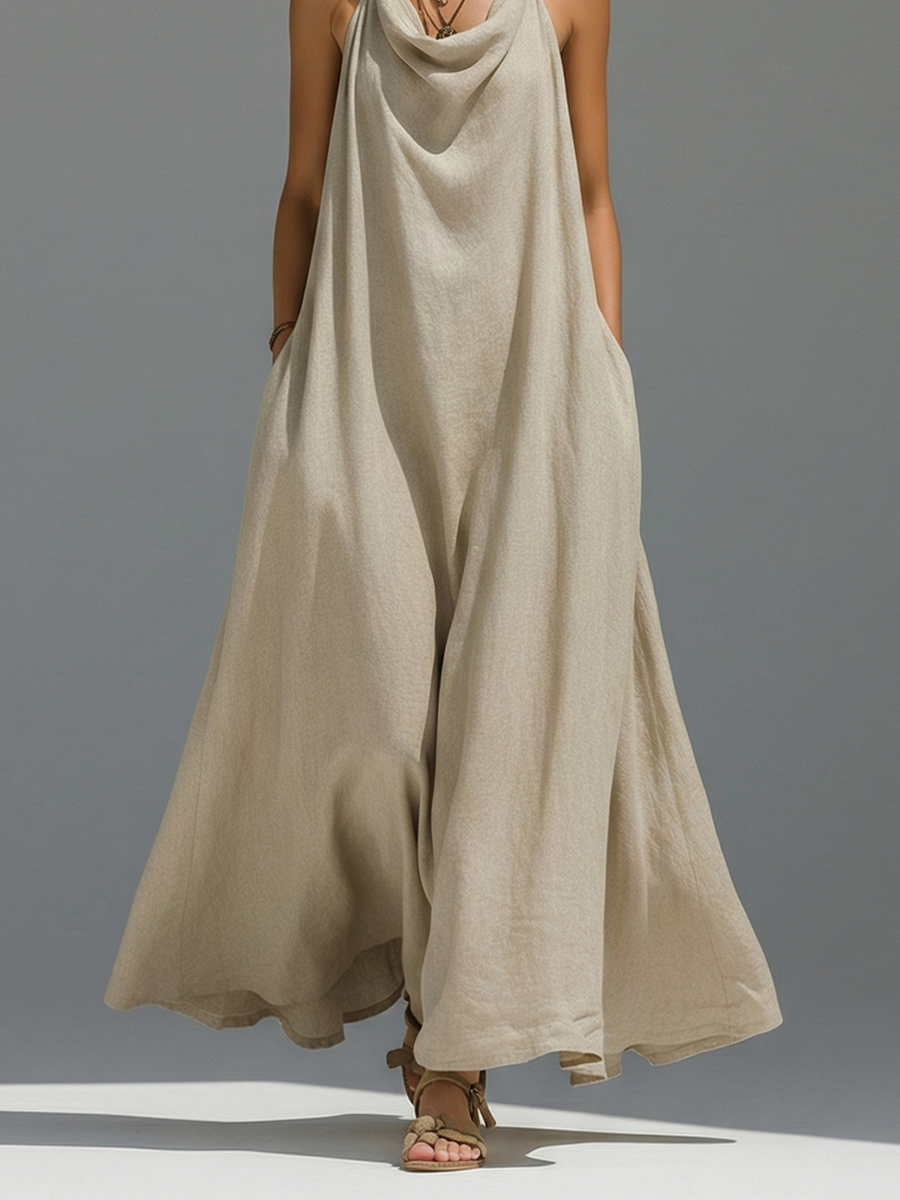 Women's Beige Linen Dress With Halter Neck & Cowl Bodice, Timeless Minimalist-Elegant Style Dress MDZ2812B4I