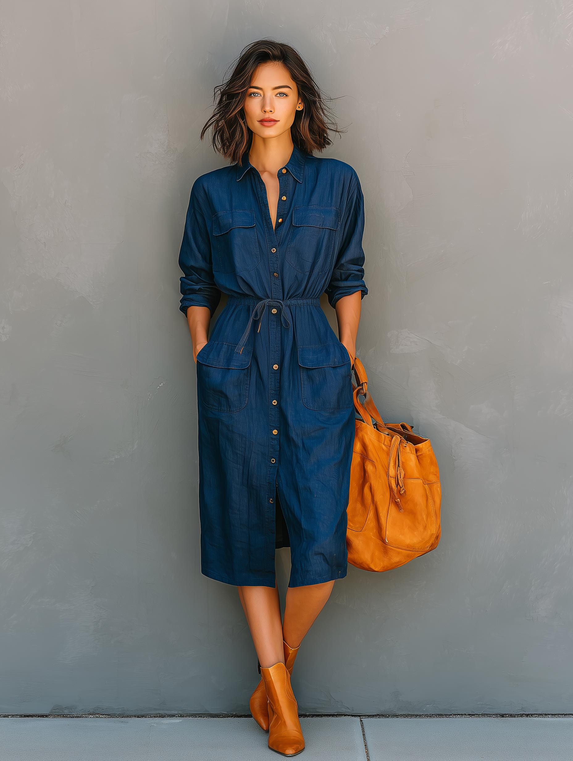 Women's Casual Denim Blue Shirt Collar Long-sleeved Drawstring Elastic Waist Midi Dress MDA1543L0AN