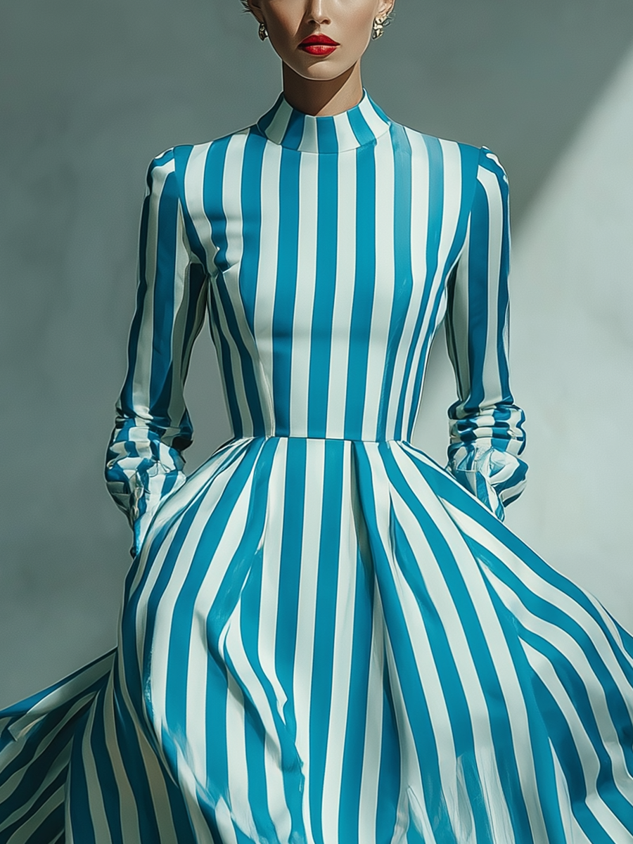 Women's Turquoise-and-White Cotton Blend Mock-Neck Puff-Sleeve Flared Midi Dress MDA1902L3T