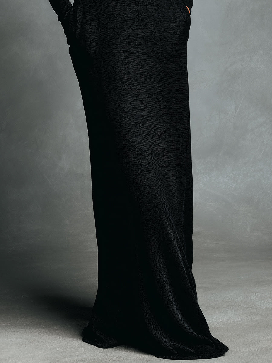 Women's Black Knitted Elegant Maxi Dress With Hooded Cowl Neck & Side Pockets, Sophisticated Modest Style MDA0304K5I