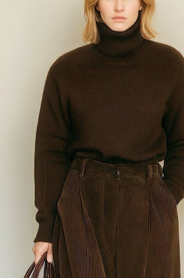 Women's Elegant And Simple Brown Turtleneck Knit Top Paired With Brown Corduroy Straight-leg Trousers MDA0632K3AN