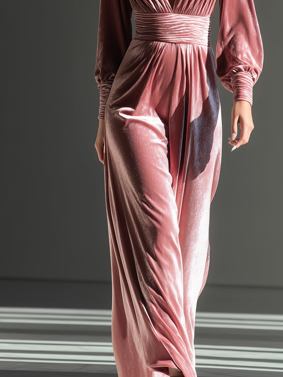 Women's Elegant Pink Velvet Plunge Neck Ruched Jumpsuit MDA0576H3I
