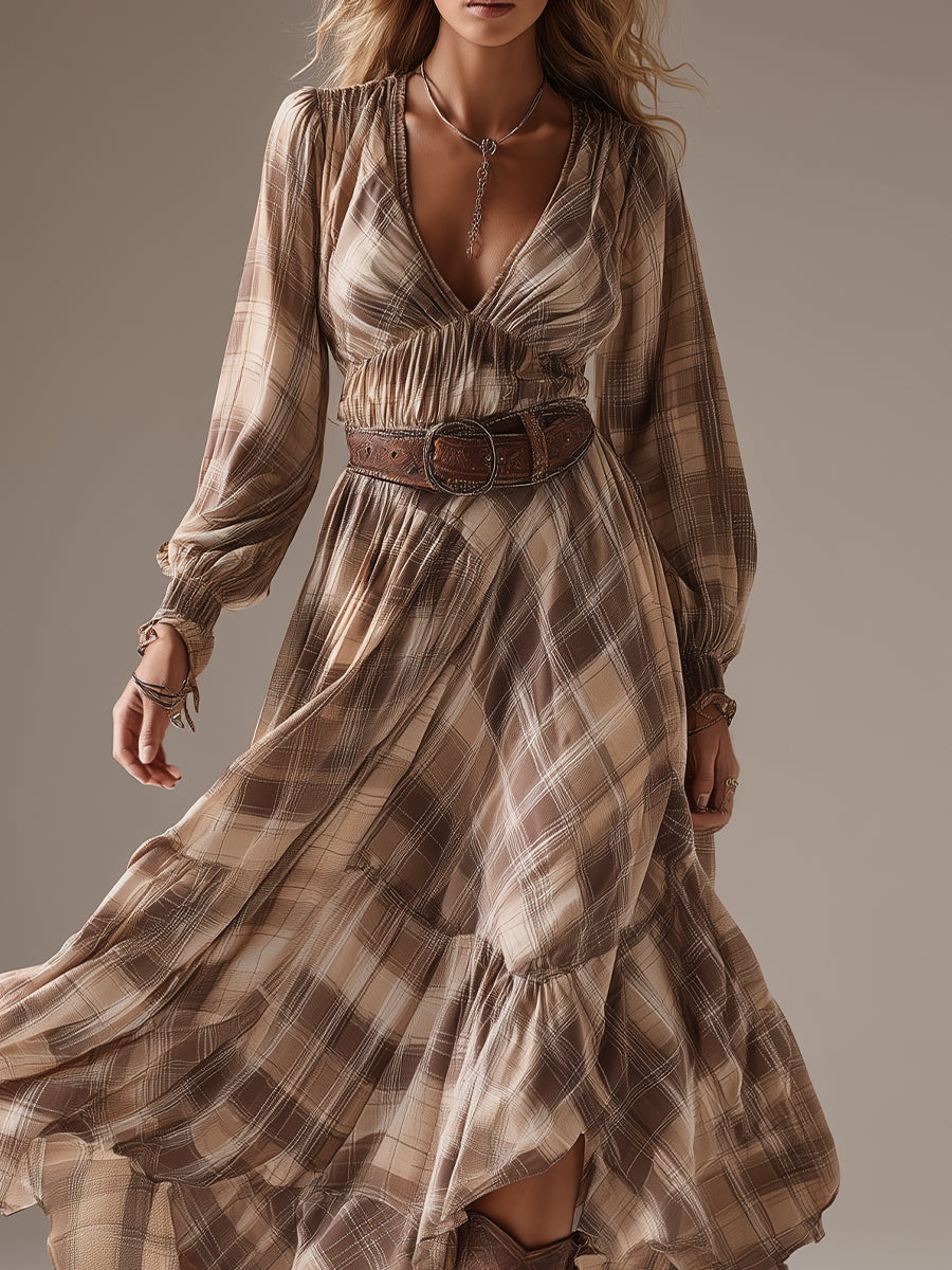 Women's Beige Bohemian Chiffon Plaid Belted Maxi Dress MDA0589H2I
