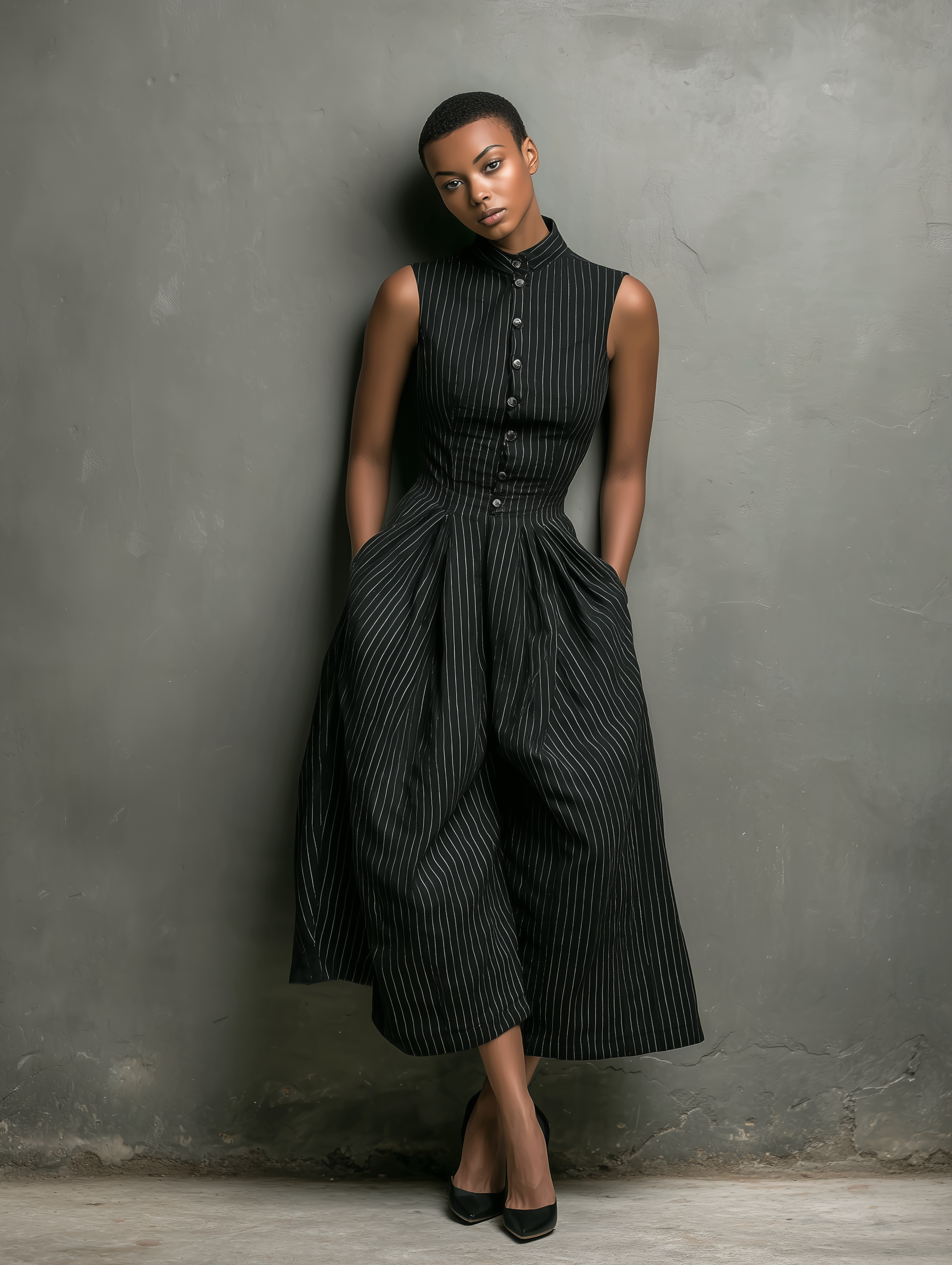 Women's Minimalist Pinstriped Single-breasted Wide-leg Cropped Jumpsuit MDZ1050B9Y