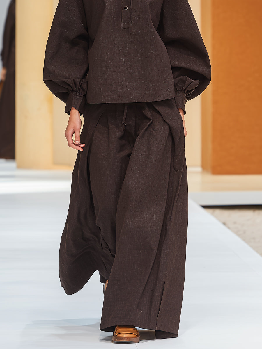Women's Dark Brown Linen-Blend Chic Button-Accent Puff Sleeve & Flowy Pants Set MDA0587K0I