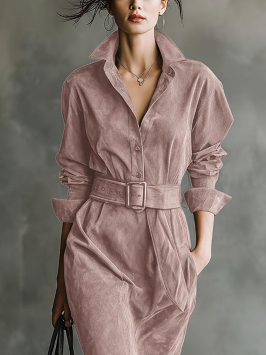 Women's Dusty Pink Faux Suede Belted Midi Dress MDA2368I0T