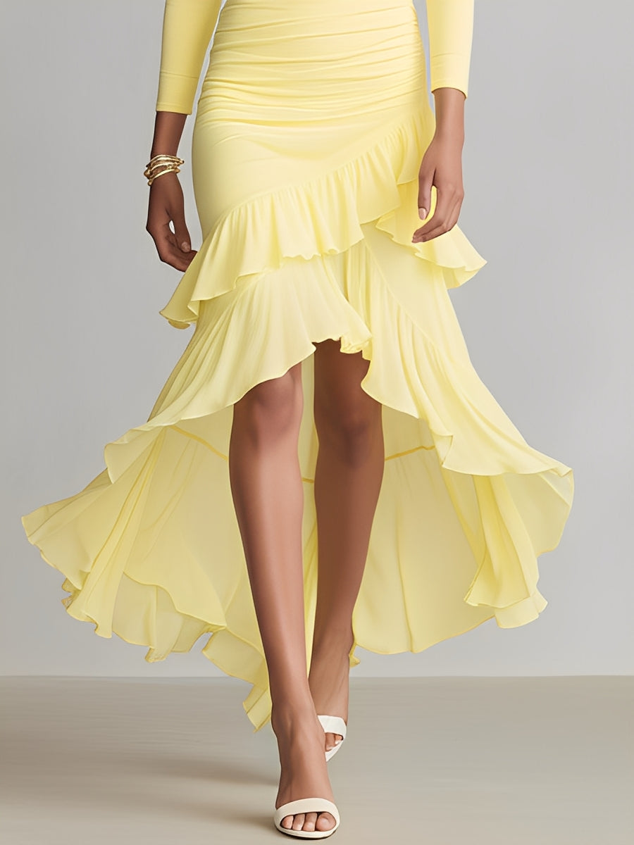 Women's Yellow Flowy Dress With Asymmetric Neckline & Ruffled High-Low Hem, Sophisticated Evening-Cocktail Style Dress MDA2534L6I