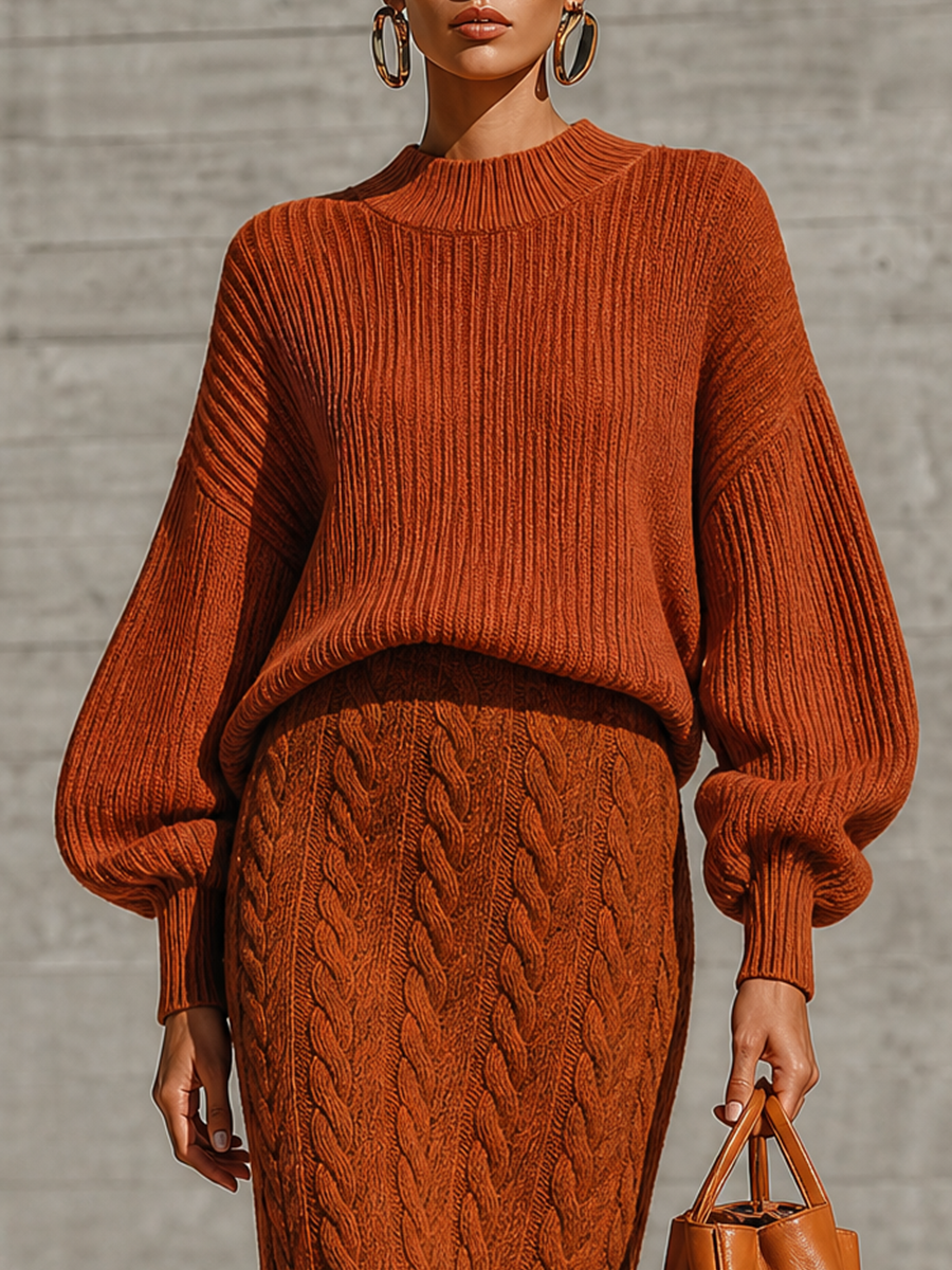 Women's Ribbed Balloon Sleeve Rust Sweater Skirt Set MDZ0823I7YZJ