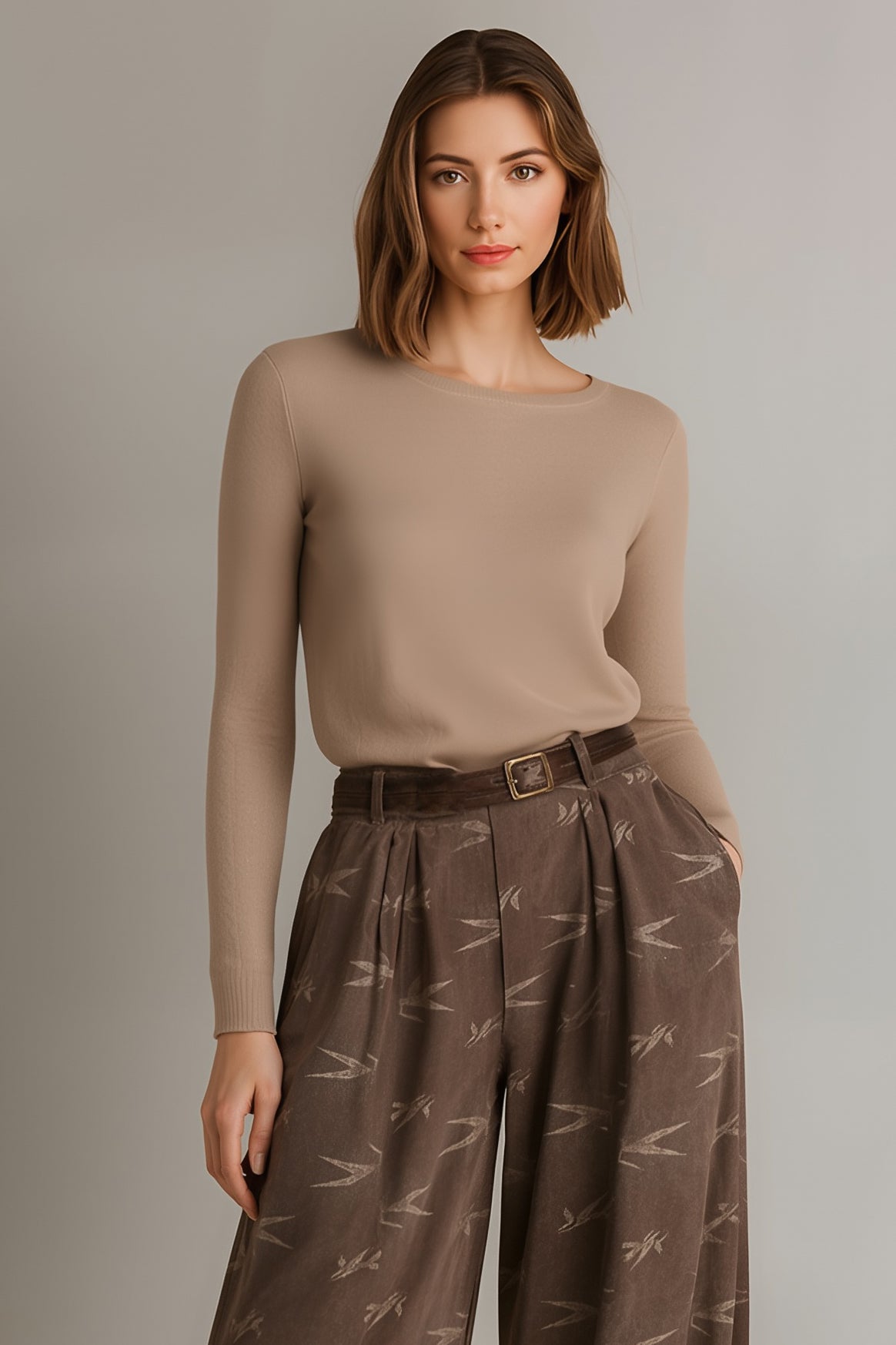 Women's Fashionable And Casual Khaki Round Neck Long-sleeved Slim-fit Base Layer Top Paired With Brown Wide-leg Corduroy Bamboo Print Trousers MDA1324K0AN