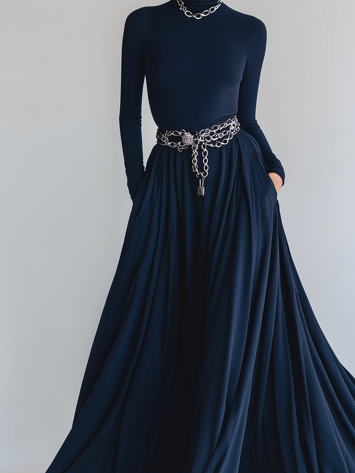 Women's Elegant Dark Blue High-neck Stretch Knit Slim-fit Long-sleeved Dress MDA1783L6AN