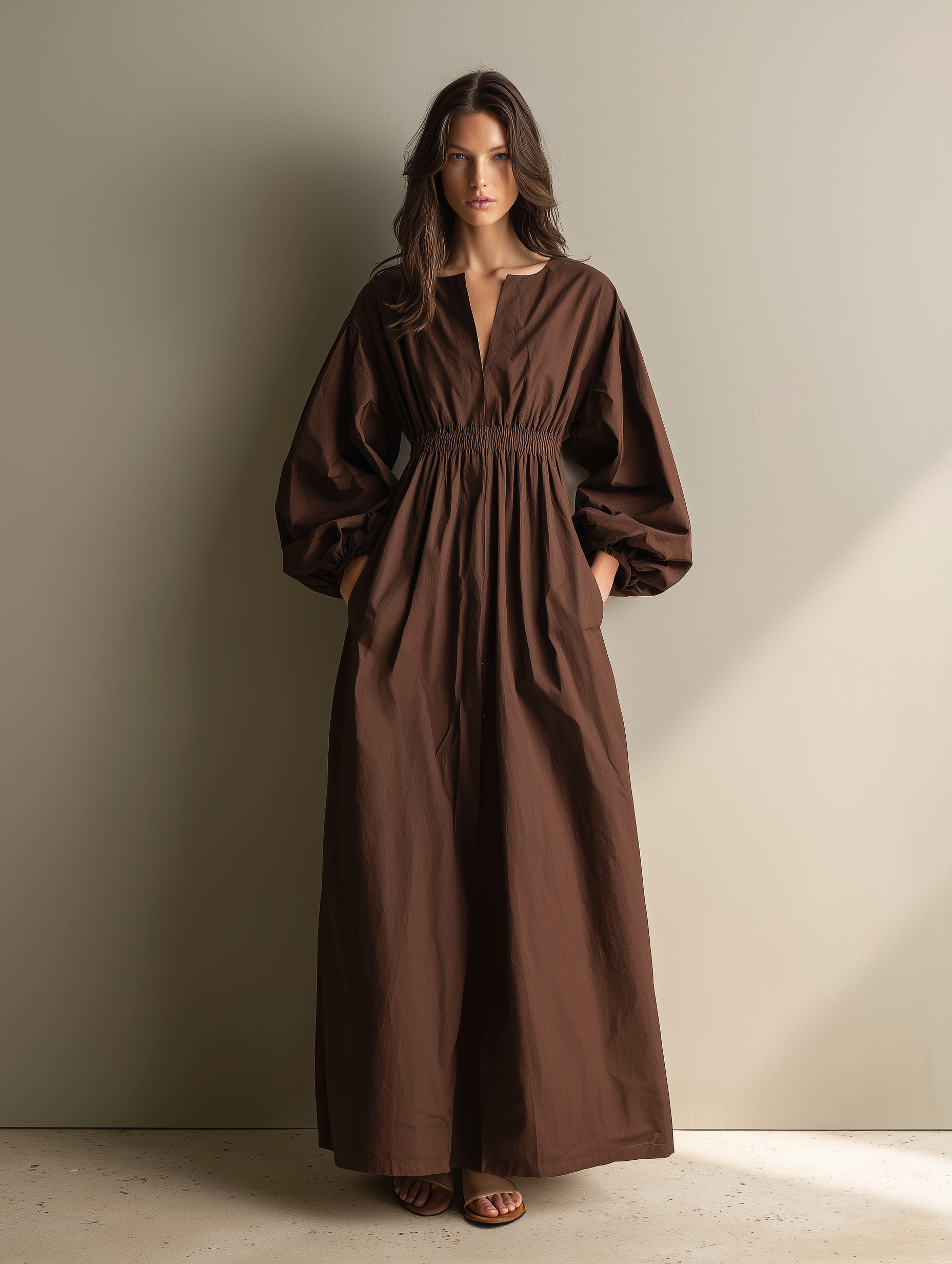 Women's Casual Brown Cotton And Linen V-neck Long-sleeved Maxi Dress With Elastic Waist MDZ1295A0AN