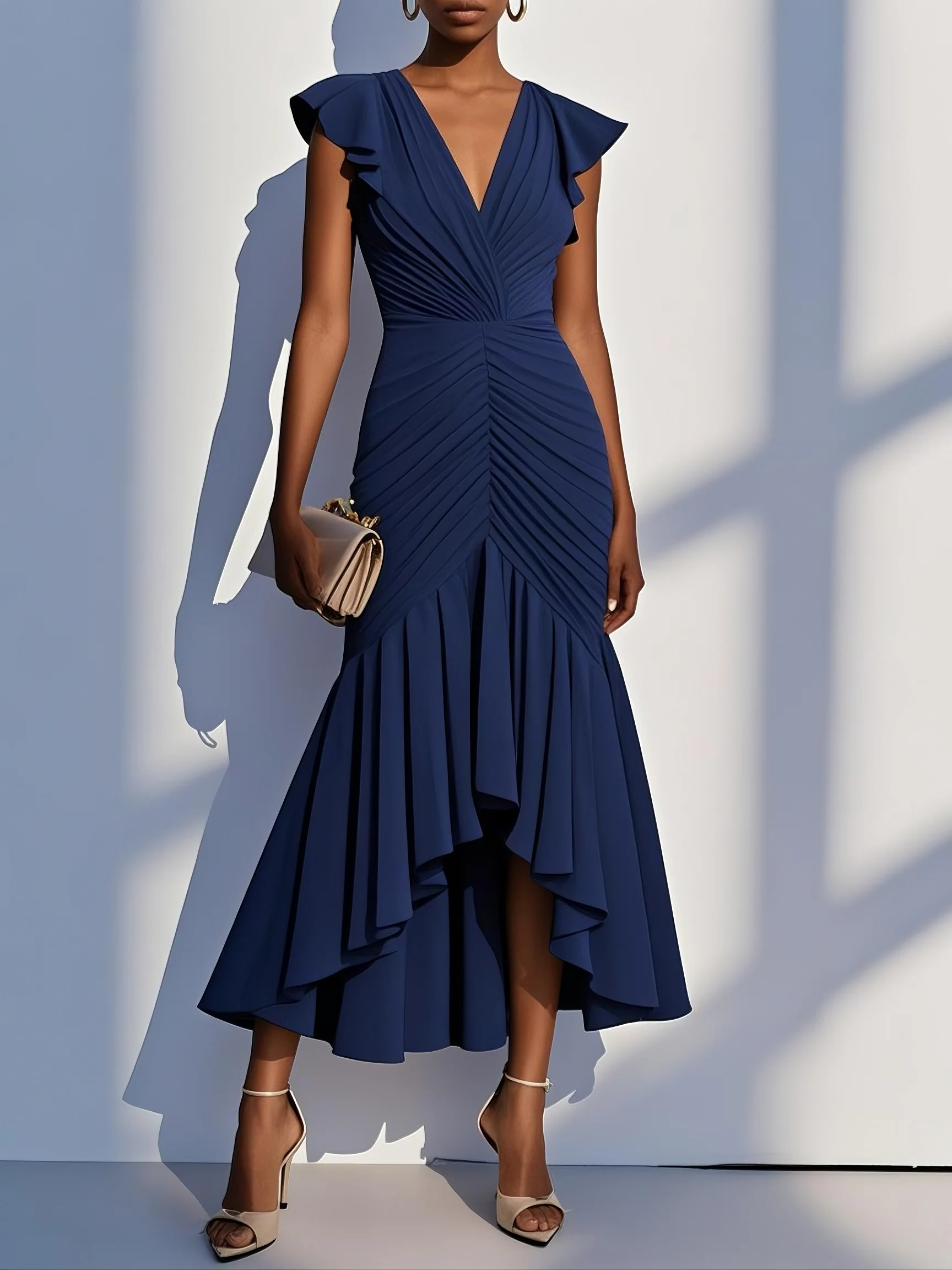 Women's Solid Color Chiffon Pleated Hip-hugging Maxi Dress MDA1141F7Y