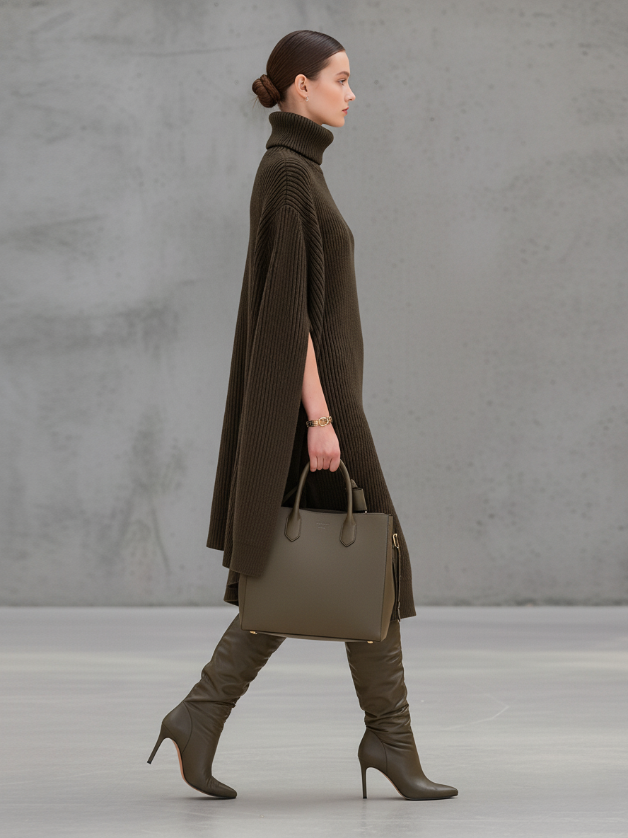 Women's Luxe Knit Olive Green Turtleneck Ribbed Cape-Sleeve Midi Dress MDA1563L2AU