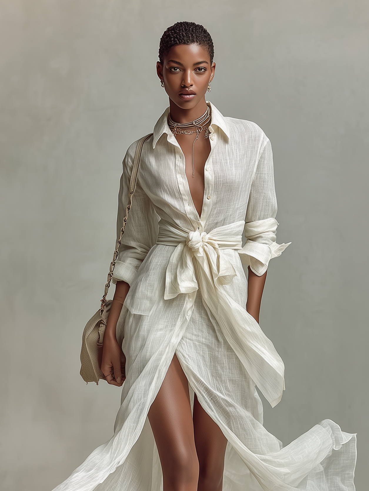 Women's Elegant White Cotton-linen Blend Long-sleeved Shirt Dress MDA0833L5AN