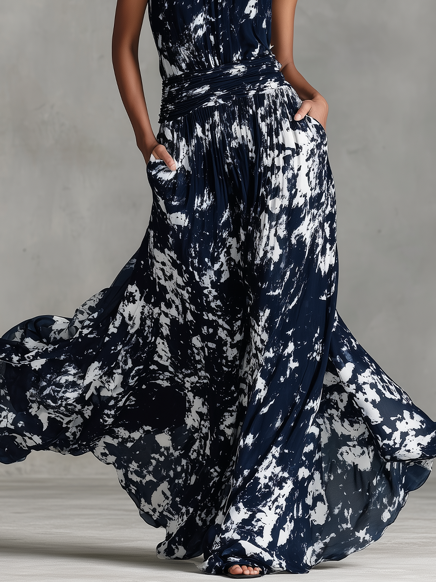 Women's Navy Blue & White Abstract Print Chiffon Dress With Halter Neck & Ruched Waist, Timeless Sexy-Elegant Style Dress MDZ2529B9I