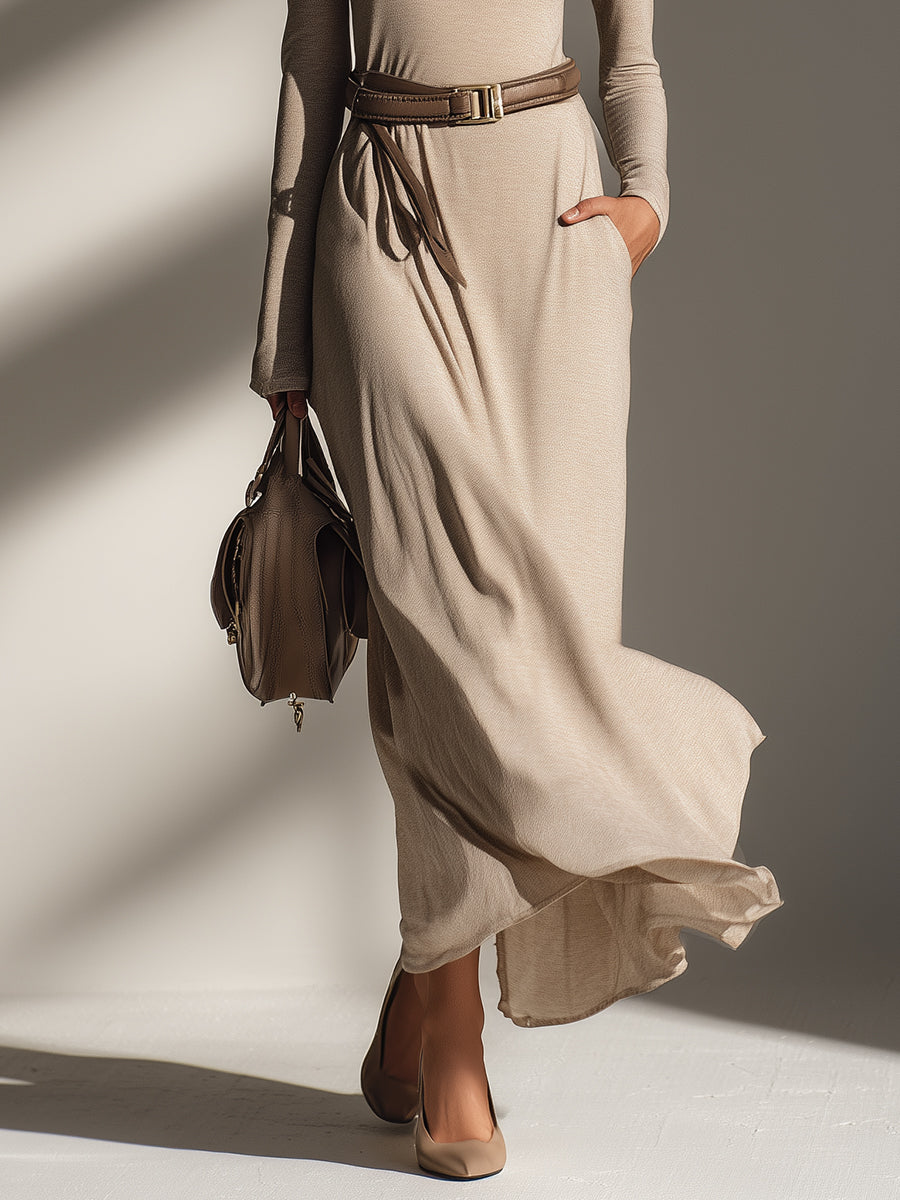 Women's Beige Stretch Polyester-Cotton Blend Elegant Maxi Dress With Turtleneck & Statement Belt, Flowy Chic Style MDA2309J7I