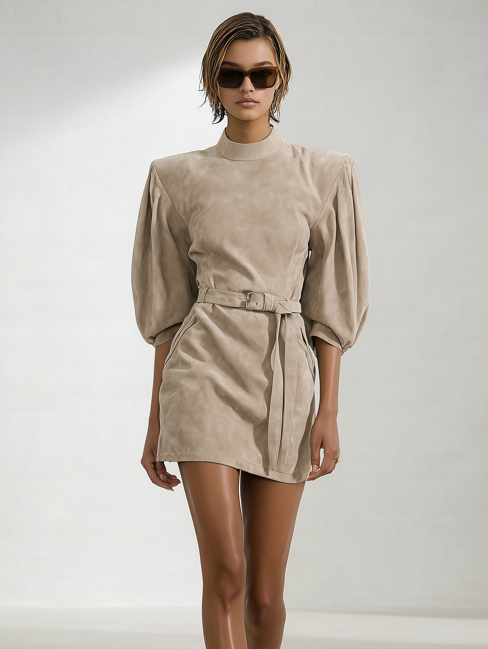 Women's Minimalist Faux Suede Padded Shoulder Belted Mini Dress MDA3051K9Y