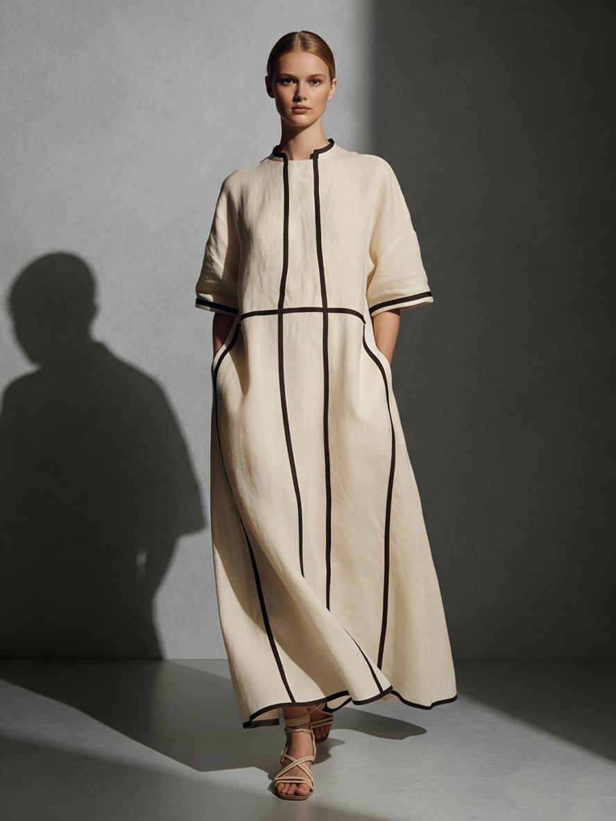 Women's Modern Linen Blend Beige Stand-Collar Half-Sleeve Contrast-Line Pocketed Maxi Dress  MDA2924L4AU