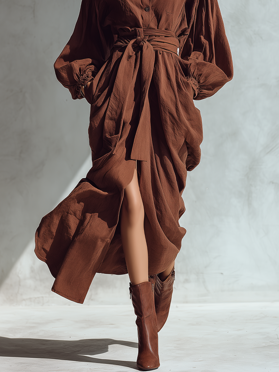 Women's Coffee Brown Cotton Linen Tie-waist Loose Maxi Shirt Dress MDA0598K1T