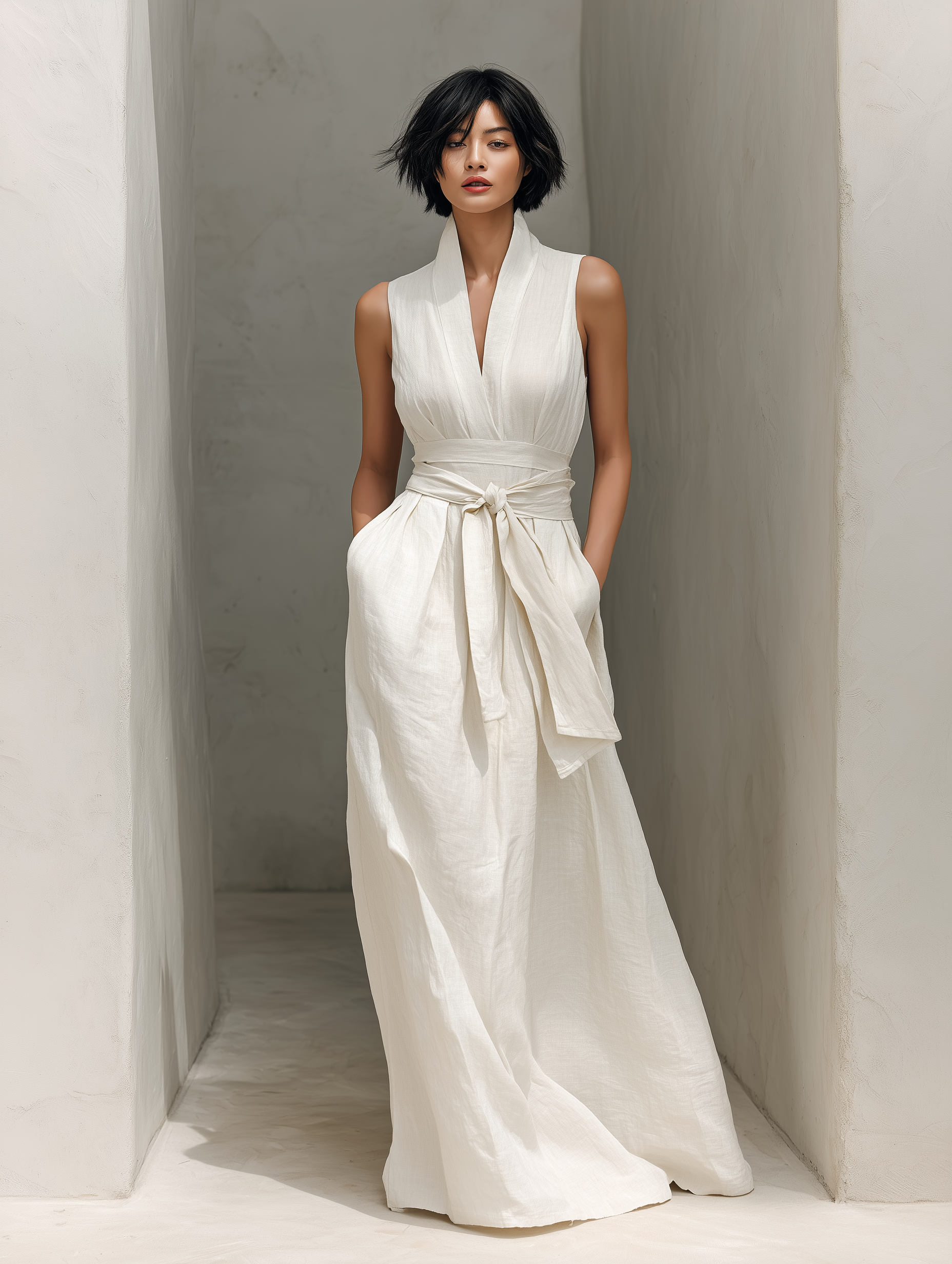 Women's Minimalist Cotton And Linen Blend V-neck Belted Sleeveless Maxi Dress MDZ0803A4Y