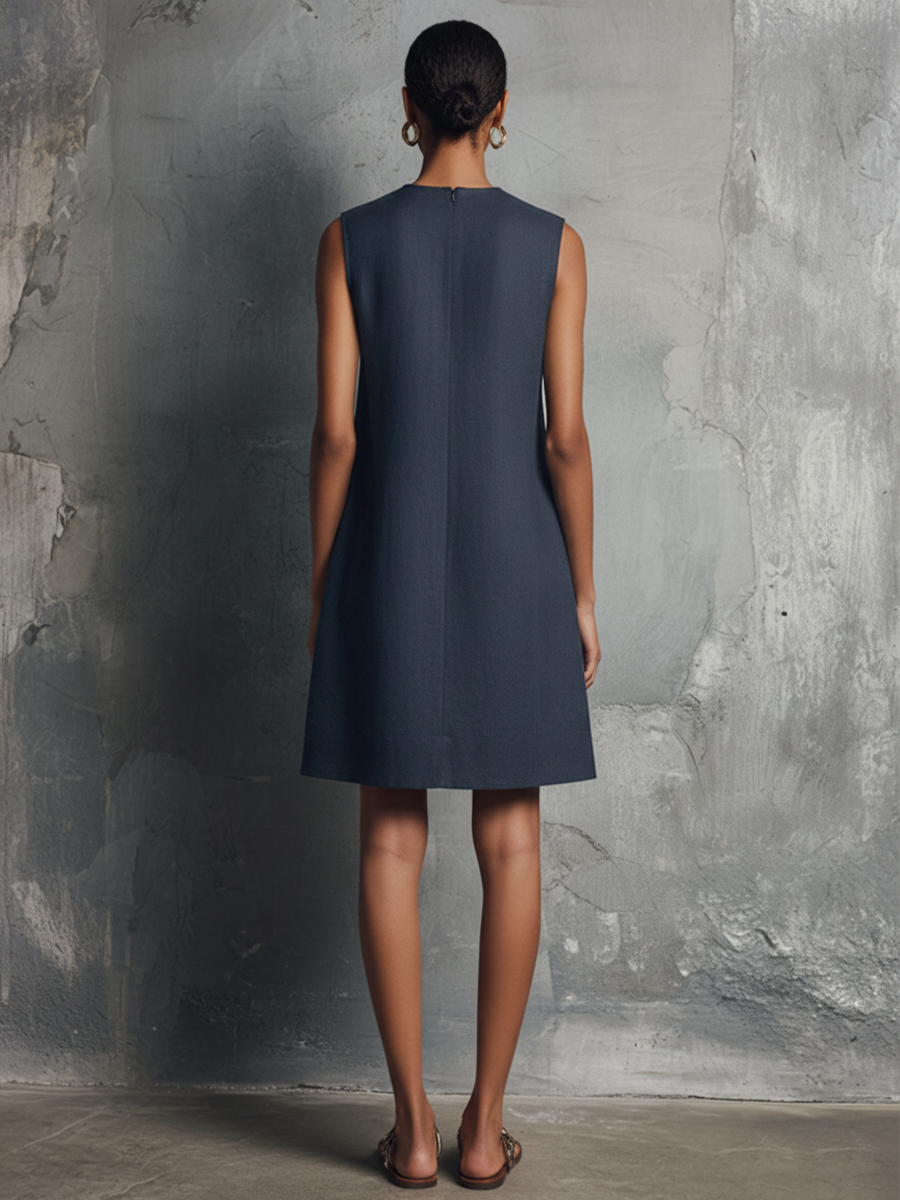 Women's Minimalist Commuter Style Navy Blue Linen Round Neck Asymmetric Buttons Side Pocket Sleeveless Mini Dress MDZ0395F6GMJ