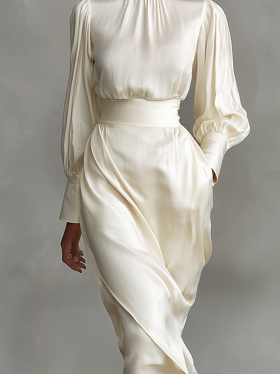 Women's Elegant Off-white Glossy Satin High-neck Slim-fit Long-sleeved Midi Dress MDA1761L6AN