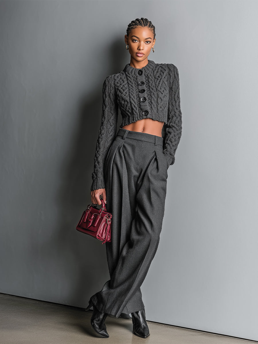 Women's Dark Grey Classic Knit Cropped Cardigan And Wide - Leg Trousers Set MDA1505I5I