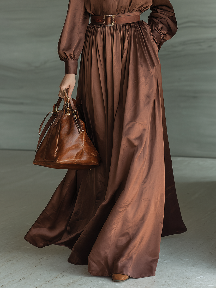 Women's Caramel Satin Bow-Tie Blouse And Fitted Midi Skirt Set MDA0434K6T