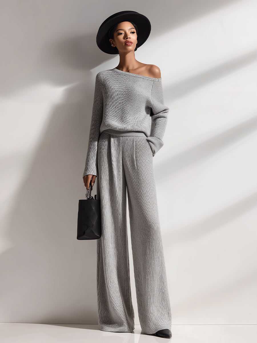 Women's Light Gray Ribbed Knit Set With Off-the-Shoulder Top & Wide-Leg Pants, Timeless Luxe Relaxed Style Set MDA1626L7I
