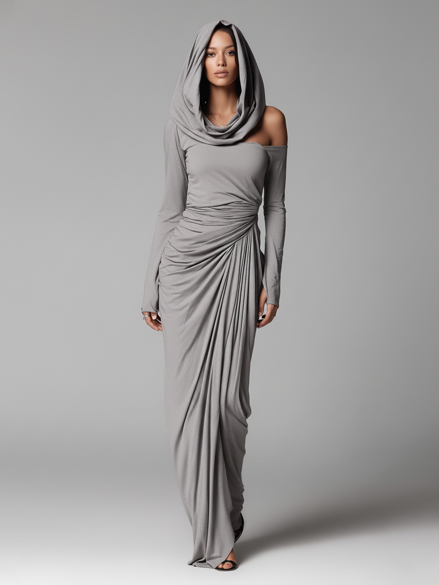 Women's Grey Draped Jersey Avant-Garde Asymmetric Cold-Shoulder Maxi Dress MDA0141K6I
