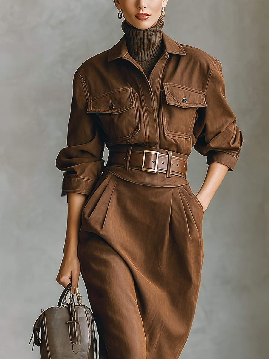 Women's Dark Brown Faux Suede Shirt Dress MDA1750J4T