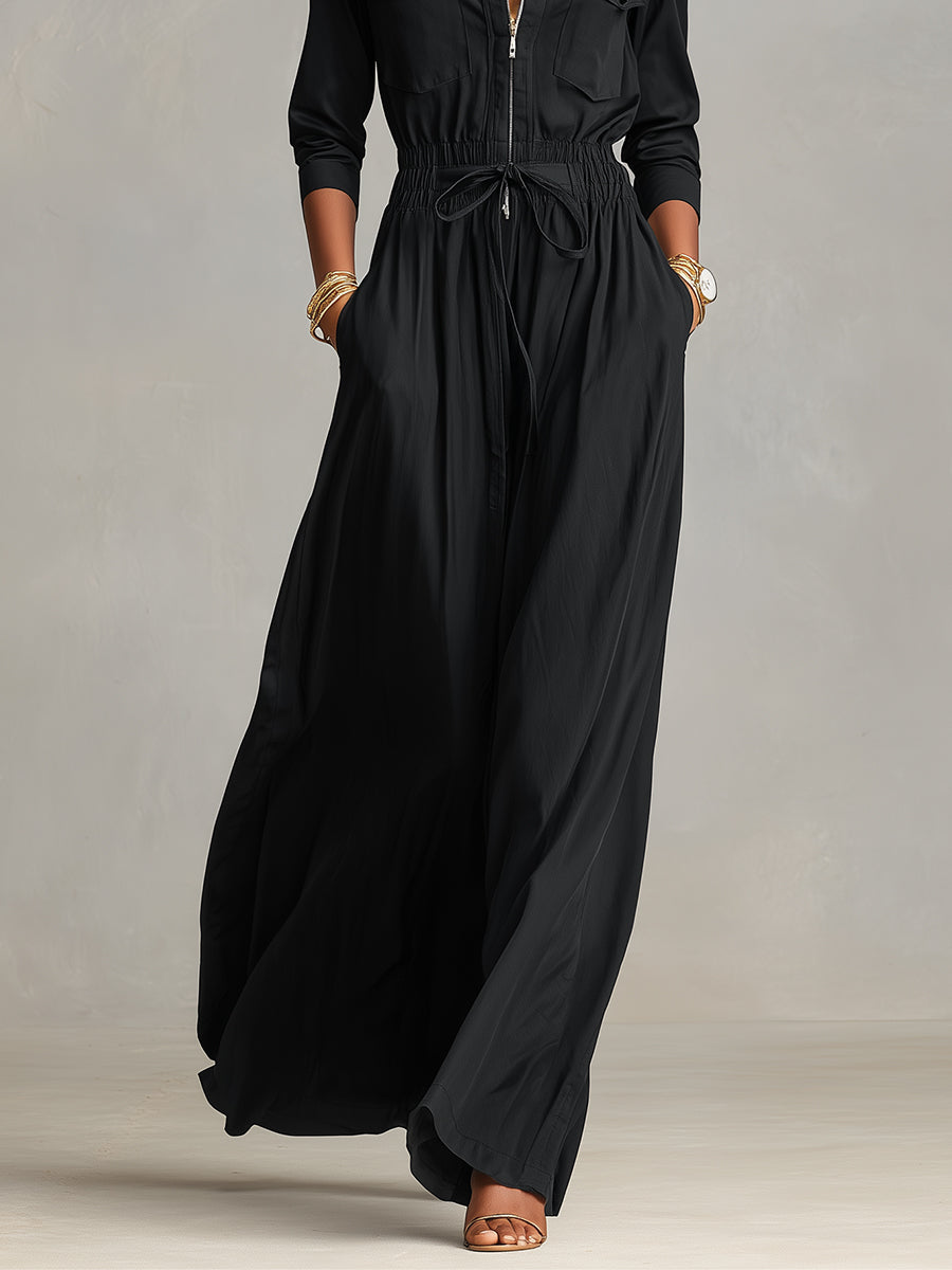 Women's Black Woven Maxi Dress With Cargo Pockets & Drawstring Waist, Timeless Casual-Chic Style Dress MDA3057L2I