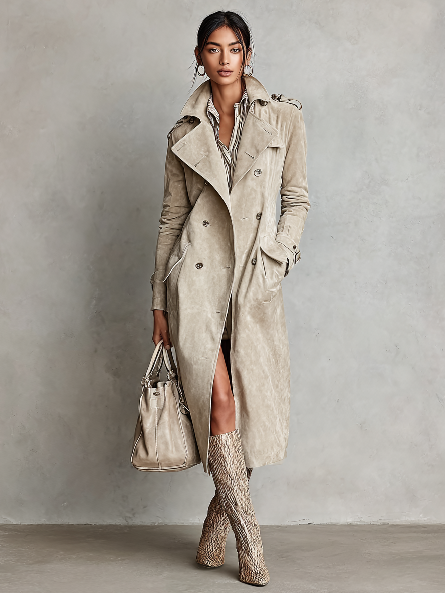 Women's Fashion Suede Double-Breasted Trench Coat MDA2579H5Y
