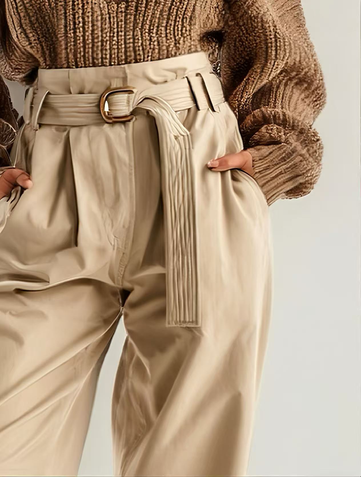 Woman's Gentle And Relaxed Camel-colored V-neck Knit Sweater Paired With Khaki Straight-leg Pants MDA0665K0AN