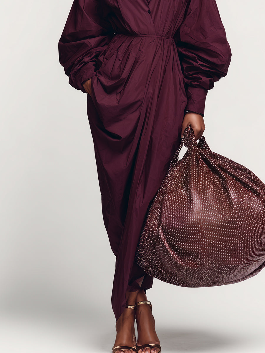 Women's Burgundy Crisp Cotton Elegant Maxi Dress With Shirt Collar & Puff Sleeves, Avant-Garde Style Dress MDA3063J7I