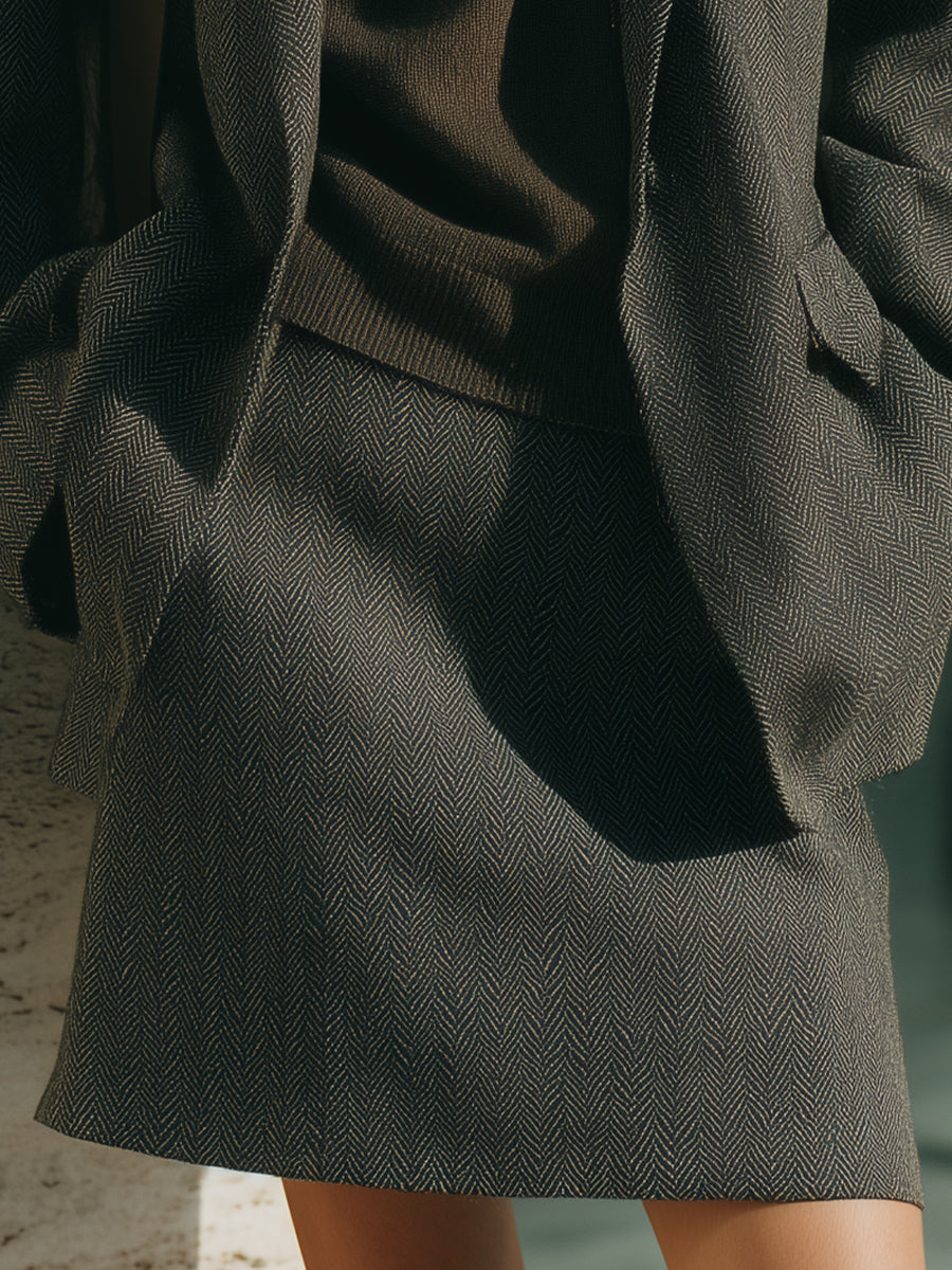 Women's Dark Gray Textured Set With Blazer & Mini Skirt, Modern Effortless Style Set MDA1623L8I