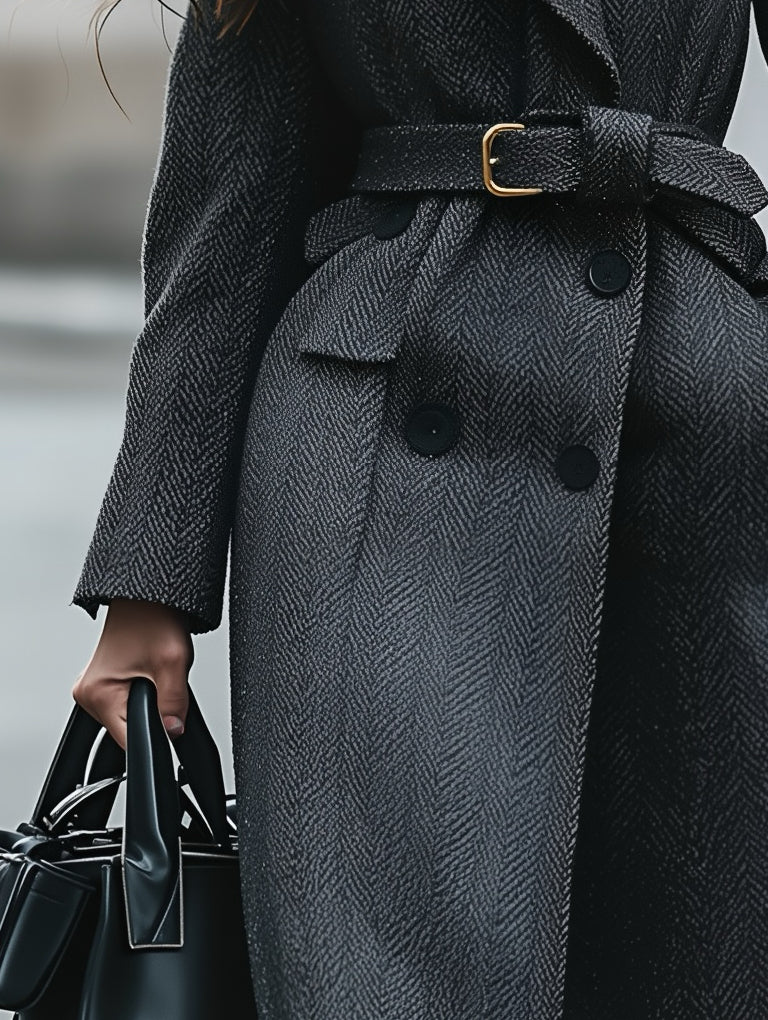 Women's Elegant Dark Pattern Mid-length Peak Lapel Fitted Coat For Autumn And Winter MDA0444K2AN