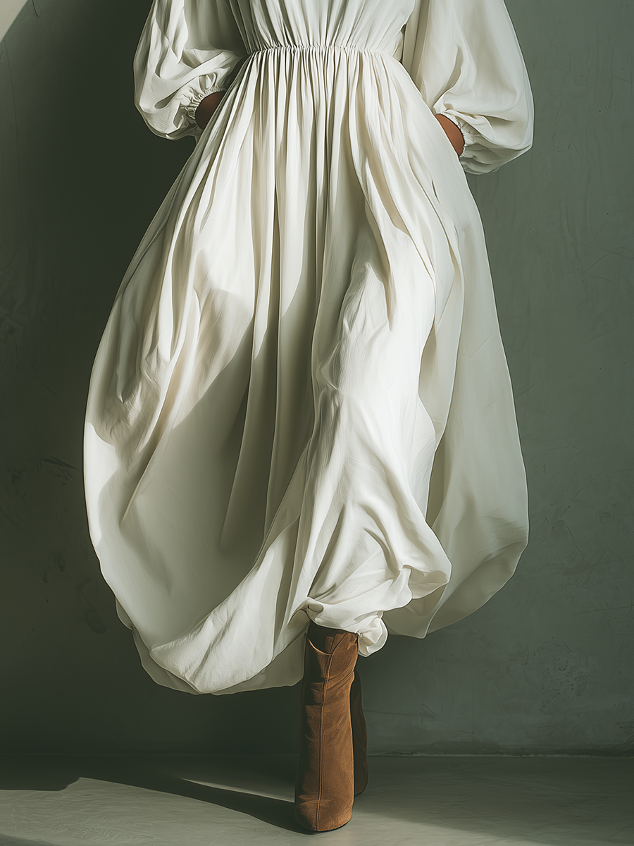 Women's White Cotton-linen Blend Fluffy Maxi Dress MDA1167K8T