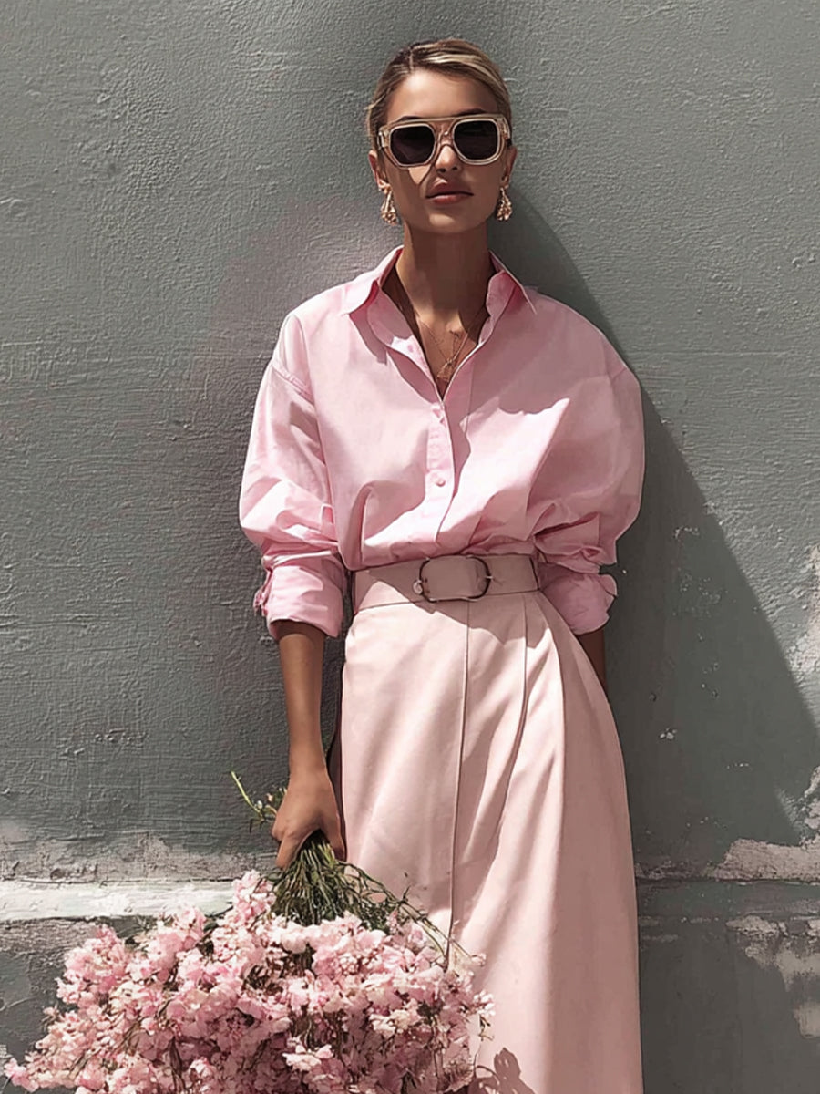 Women's Pink Crisp Cotton Set With Oversized Shirt & High-Slit Skirt, Timeless Romantic Style Set  MDA0941L6I