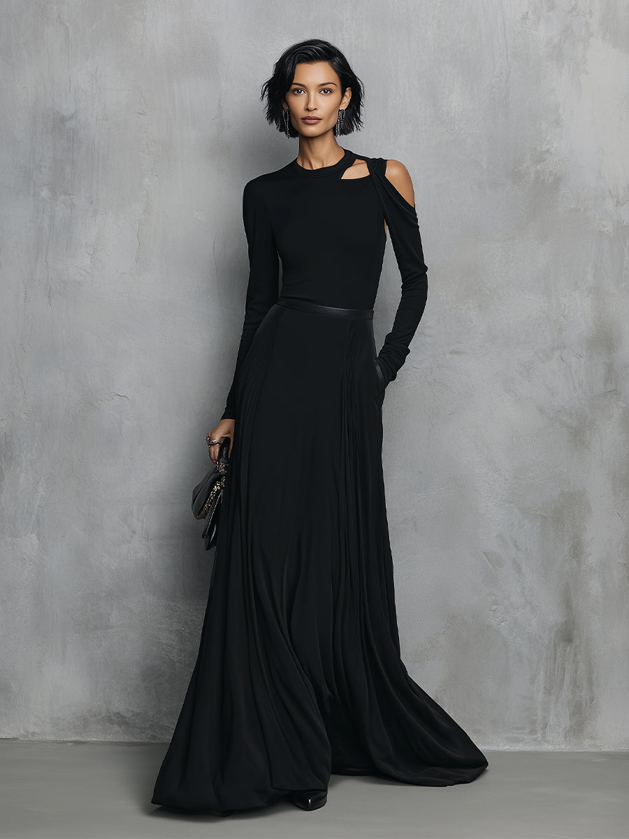 Women's Black Crepe Chic Cut-Out Sleeve High Neck Formal Gown Dress MDA3178J1I