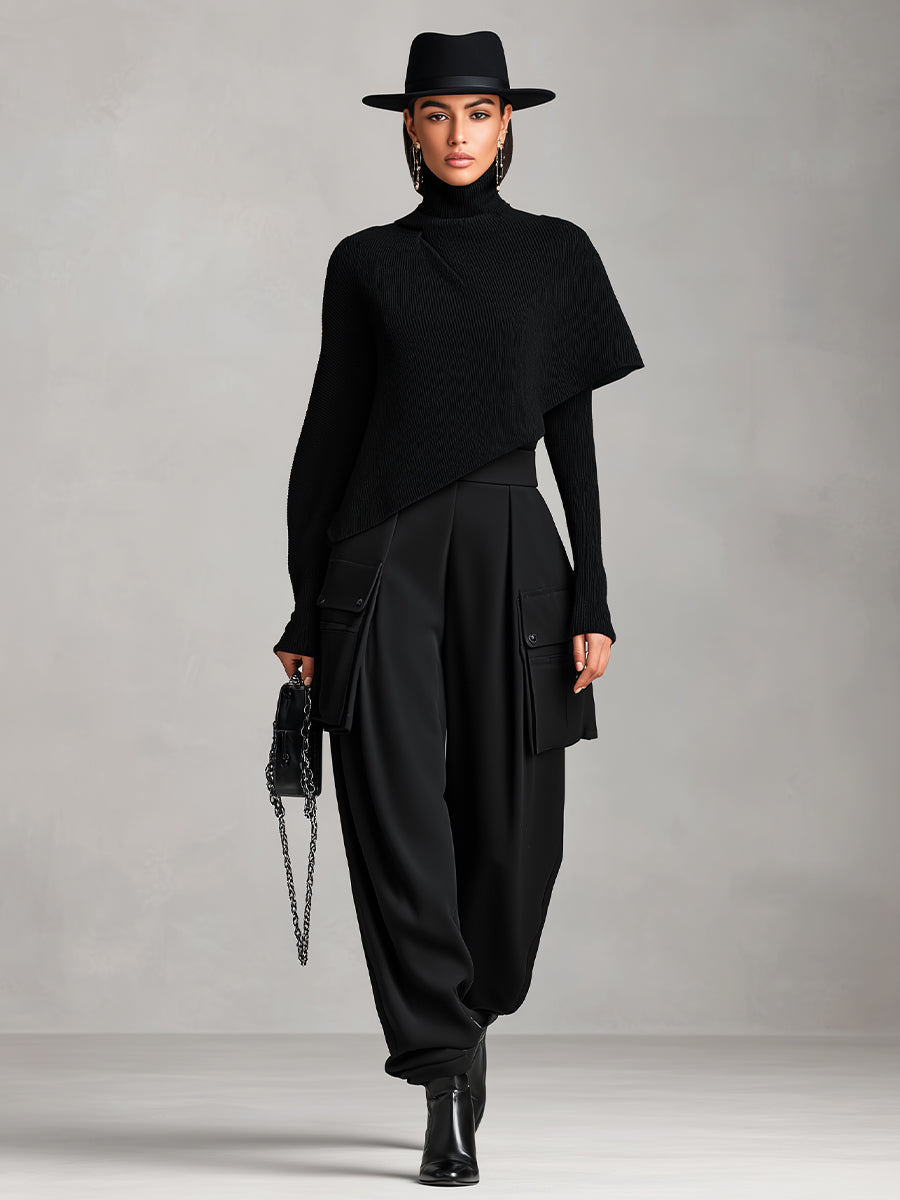 Women's Black Ribbed Knit & Structured Woven Set With Asymmetric Top & Cargo Pants, Modern Edgy Style Set MDA0803L7I