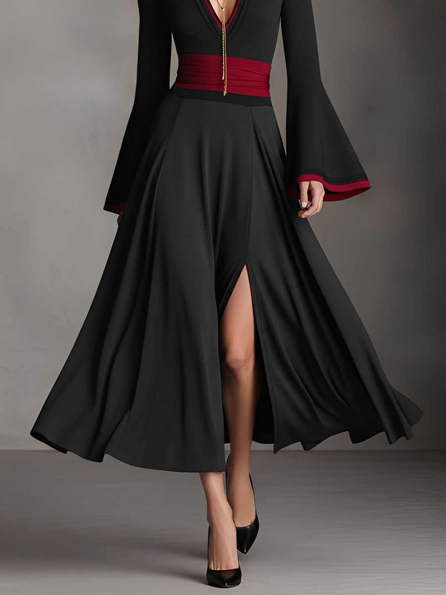 Women's Black Fitted Midi Dress With Contrast Waist Band & Deep V-Neck, Sophisticated Formal-Evening Style Dress MDA1715L4I