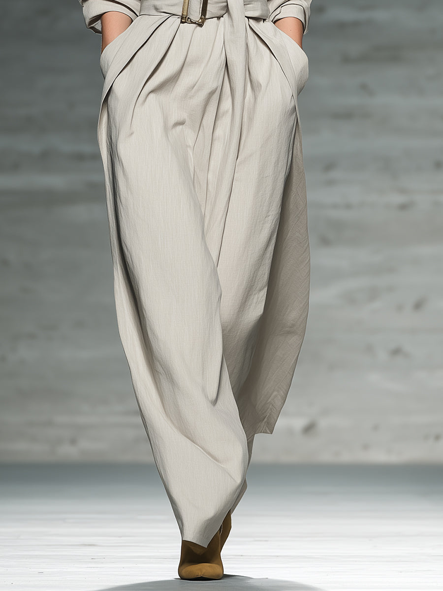 Women's Beige Linen-Blend Dress With Zipper Neck & Belted Waist, Modern Minimalist Style Maxi Dress MDA0862L3I