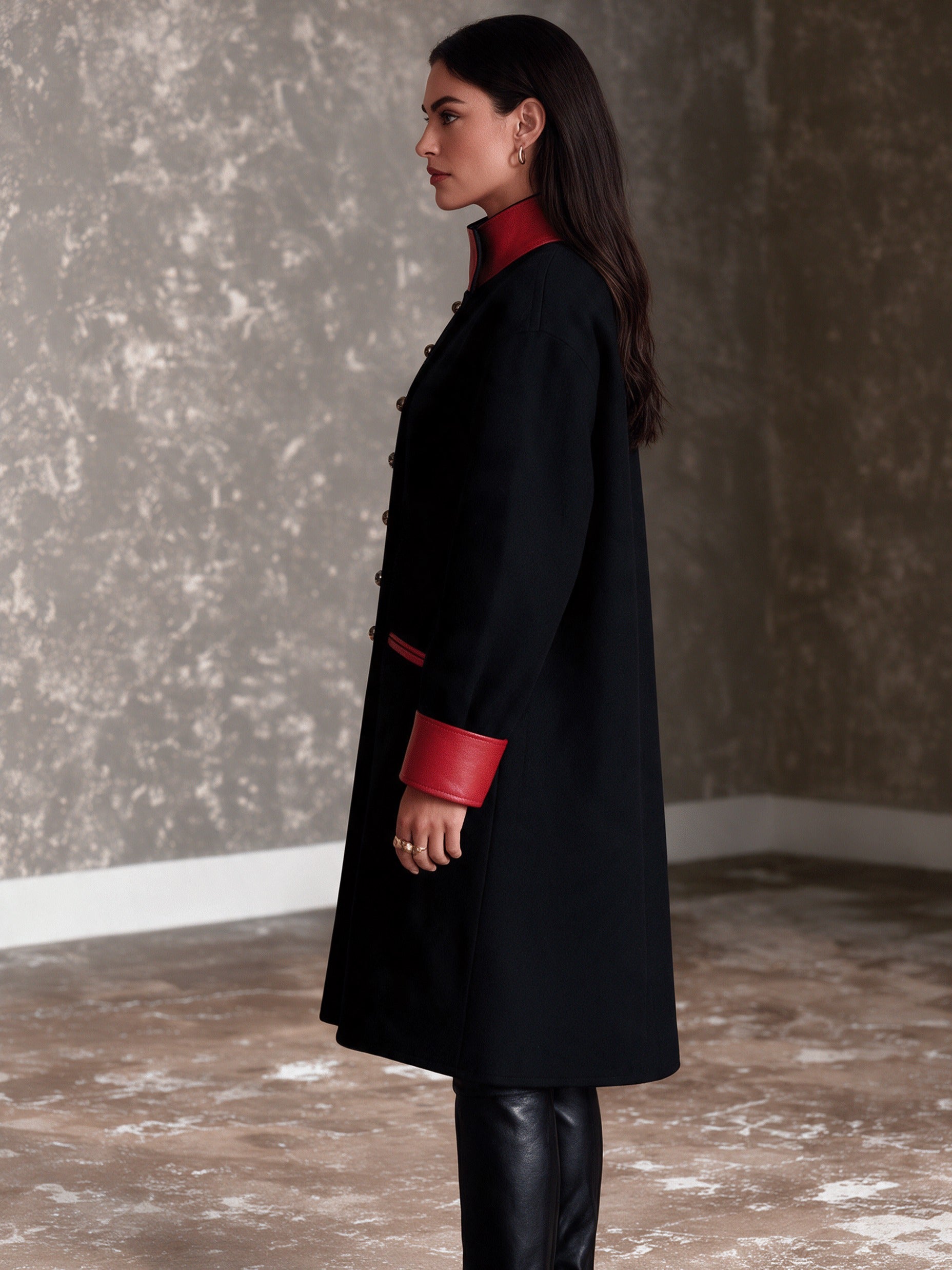 Women's Military-Inspired Double-Breasted Contrast Stand-Collar Coat