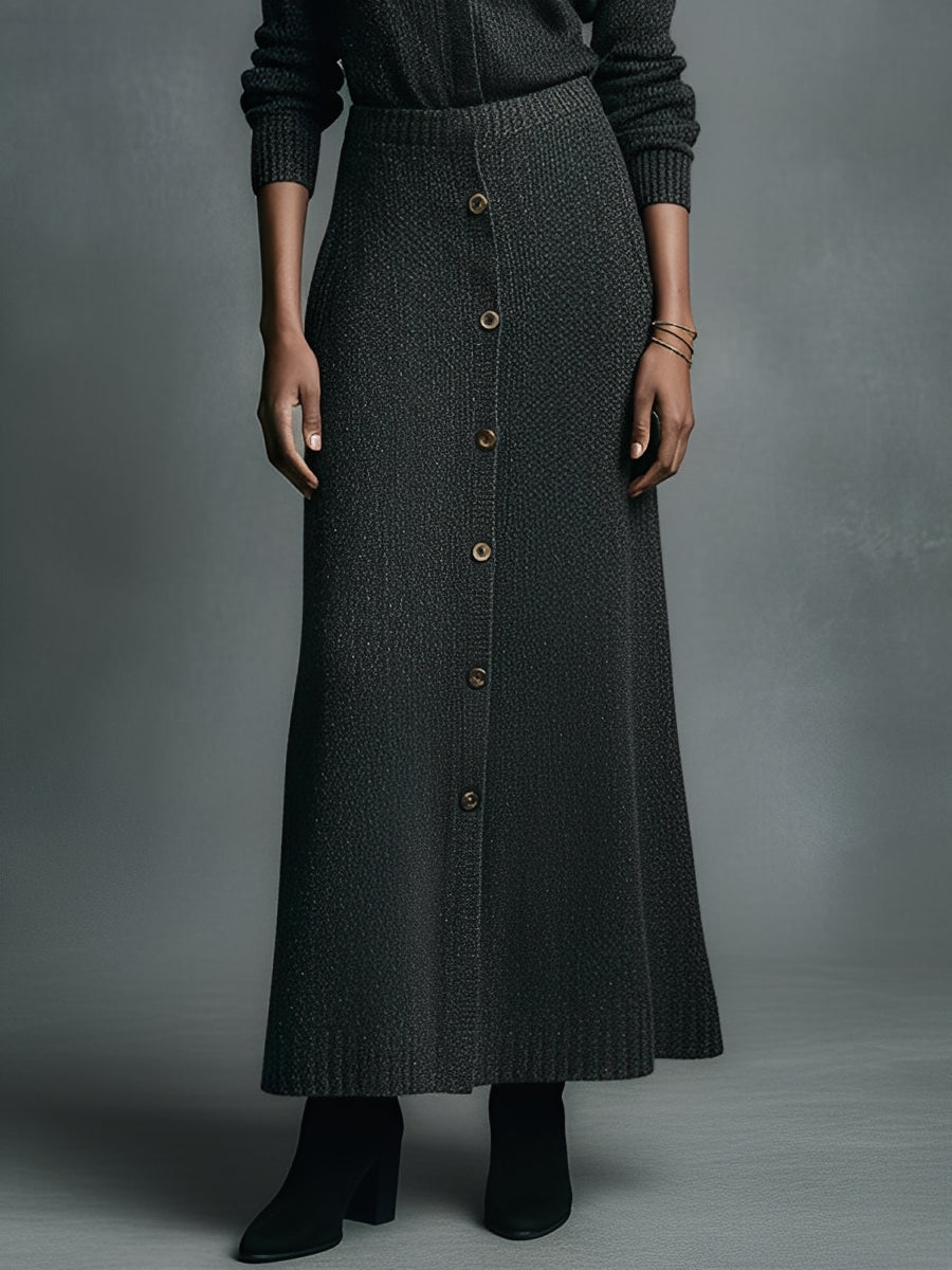 Women's Black Knitted Elegant Set With Polo-Collar Cardigan & Button-Front Maxi Skirt, Vintage Luxe Style Set MDA2979J8I