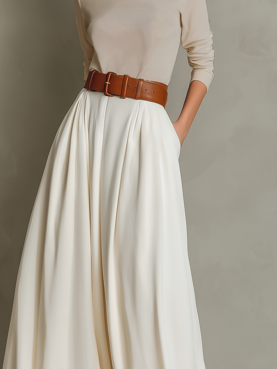 Women's Elegant Apricot Knitted Stretch Turtleneck Long-sleeved Top Paired With A White Skirt (belt Not Included) MDZ0864A0AN